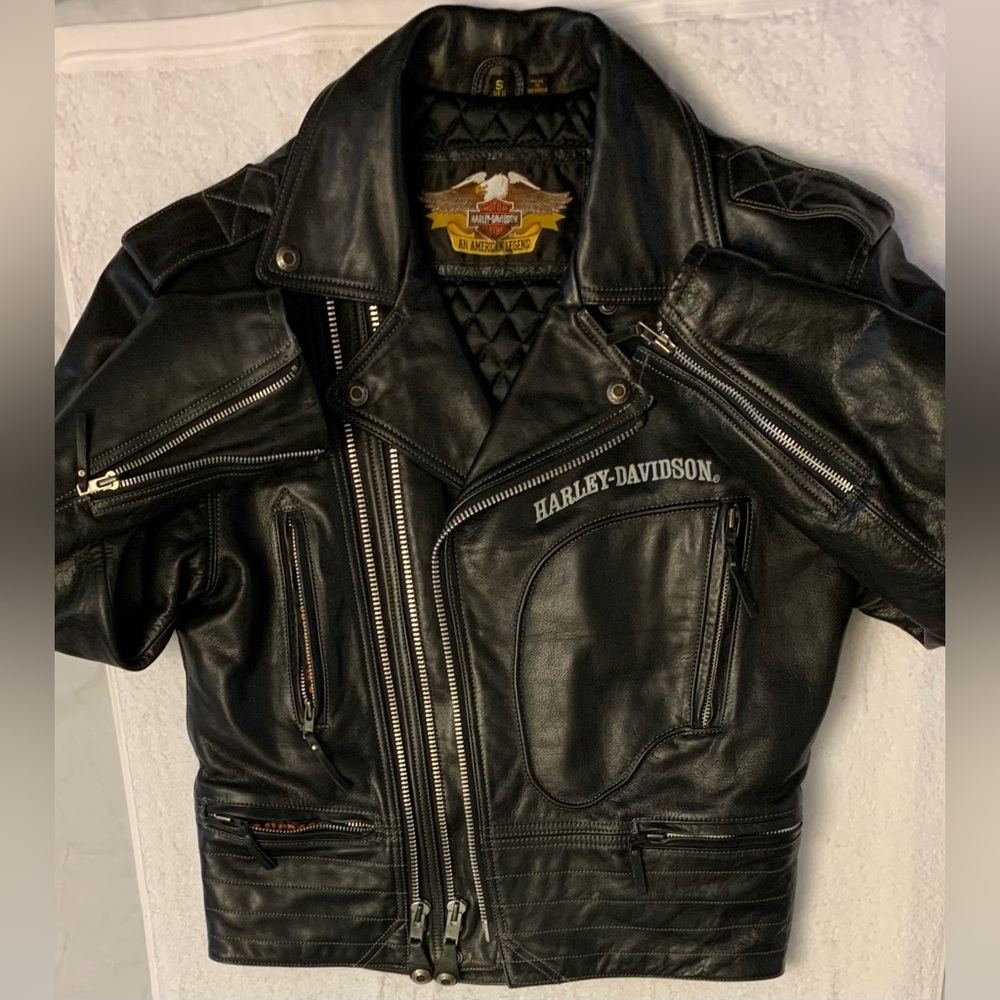 Harley Davidson Black Leather Quilted Lining Double Zipper Jacket Sizez S NWOT